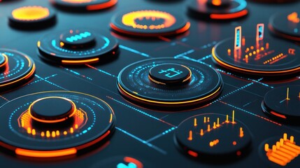 Futuristic Technology Interface with Glowing Elements and Data Visualization