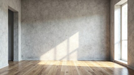 Sunlit Empty Room with Concrete Wall and Hardwood Floor