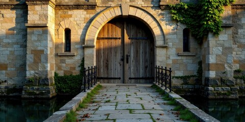 Ancient Wooden Gateway to a Stone Fortress Across a Cobblestone Bridge