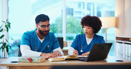 Healthcare, education and doctors with test, medical school or studying for knowledge of diseases. Students, learning and people with info for physiology, assessment or skills for license in hospital