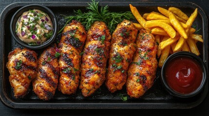 Grilled chicken tenders served with crispy fries and dipping sauces on a rustic black tray
