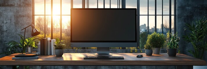 Sunset View from Industrial Workspace:  Modern Desktop Setup with Plants and Cityscape