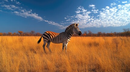 Naklejka premium A majestic zebra standing in a golden savannah under a vibrant blue sky with scattered clouds