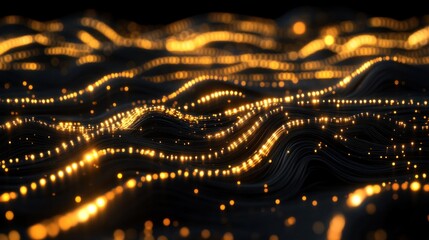 Abstract golden light trails on dark wave background for technology concepts