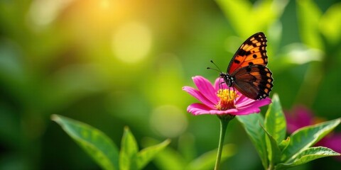 Obraz premium A Vibrant Butterfly Perched on a Delicate Pink Flower in a Sunlit Garden