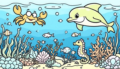 Fototapeta premium Cartoon Sea Life Illustration with Dolphin Crab and Seaweed