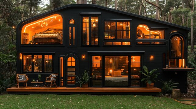A cozy black cabin in the woods