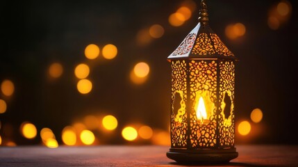 Ornate lantern casting warm glow in dark setting with blurred bokeh lights in background