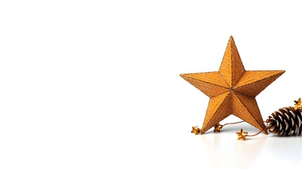 Elegant Holiday Star Decoration with Golden Accents and Pinecone on White Background for Festive Seasonal Inspiration and Creative Design Projects