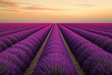 A vast lavender field stretching toward the horizon under a golden sky, A serene lavender field stretches to the horizon, with vibrant purple blooms under a warm sunset sky, offering tranquil beauty.