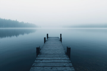 Fototapeta premium A quiet dock extending into a misty, A serene misty morning by the lake, featuring a wooden dock extending into calm waters, evoking tranquility and nature's beauty.