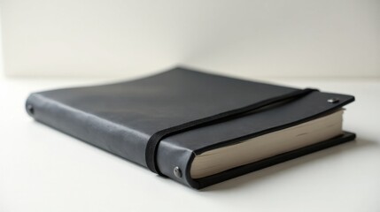 Elegant Black Leather-Bound Journal with Elastic Closure Resting on a White Surface