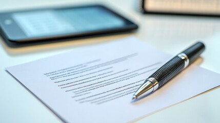 Close-up of a Pen Resting on a Document and a Tablet