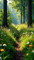 Fototapeta premium Overgrown path in Flanders Moss with wildflowers, moss, nature reserve, sunlight