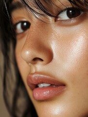 Fototapeta premium Close-up of young asian female with freckles and glossy skin