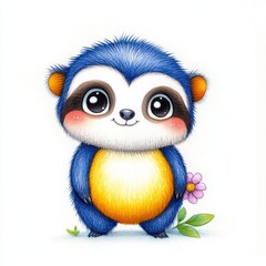 Fototapeta premium Adorable Blue Cartoon Sloth With Big Eyes And Purple Flower