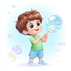 Fototapeta premium Boy Blowing Colorful Bubbles Light Pastel Background