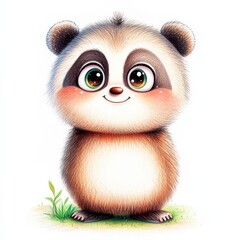 Fototapeta premium Adorable Brown Cartoon Panda Bear With Big Eyes On Grass