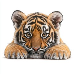 Obraz premium Adorable Tiger Cub Closeup Portrait Against White Background