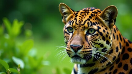 Fototapeta premium A Majestic Leopard Portrait Intense Gaze and Striking Spots Against Lush Green Foliage
