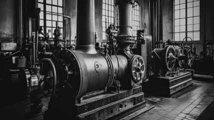 Industrial machinery in a vintage setting, showcasing large pipes and engines.