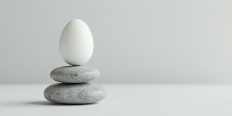 Serene Minimalist Scene White Egg Balanced Atop Stacked Gray Stones