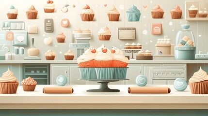 Assortment of Colorful Cupcakes and Cakes on Display in a Retro Styled Bakery Counter