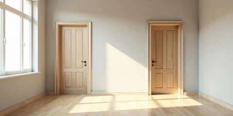 Sunlight Streams Through Window Illuminating Empty Room with Two Light Wood Doors and Light Hardwood Floor