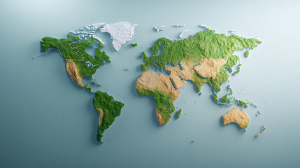 Topographic world map with hyper realistic mountains and terrain features. This detailed representation showcases various elevations and landforms across continents, creating visually striking