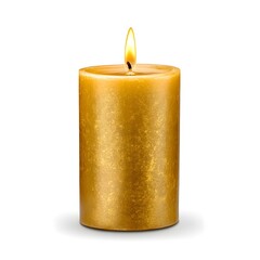 Elegant gold pillar candle with a vibrant flame, perfect for creating a warm and inviting atmosphere in any setting or occasion.