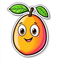 Cute cartoon mango with happy face and green leaves on white background