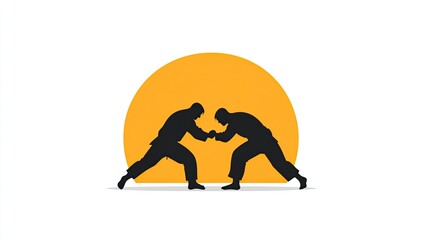 Obraz premium Two silhouetted wrestlers engaged in a dynamic match against a vibrant sunset backdrop