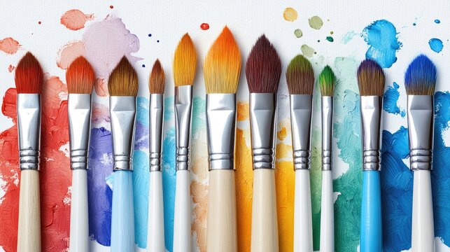 A vibrant array of paintbrushes lined up against colorful paint splashes on a canvas