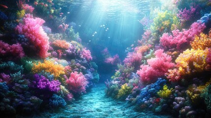 Naklejka premium Vibrant underwater scene showcasing a colorful coral reef teeming with marine life