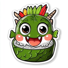 Fototapeta premium Cute cartoon character sushi roll with monster face and colorful toppings