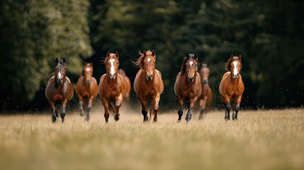 Galloping wild horses run across open field, showcasing their strength and beauty. scene captures essence of freedom and nature majesty