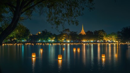 Peaceful Scene of Floating Lanterns on the Water at Night: Magical and Spiritual Lake View