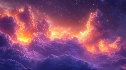 Dramatic sunset clouds illuminated by vibrant colors, creating a surreal sky scene at dusk