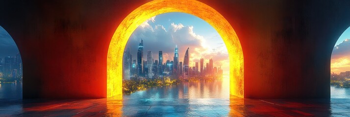 Futuristic Cityscape Through Glowing Arches