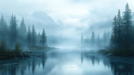 Serene misty landscape with tranquil river, towering mountains, and lush evergreen trees