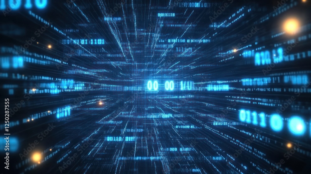Poster abstract digital data stream with binary code and glowing lights in motion