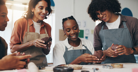 Woman, pottery and teacher with group, smile and sculpture for art, development or process for results. People, coach and advice for creativity, excited or learning with diversity in course at studio