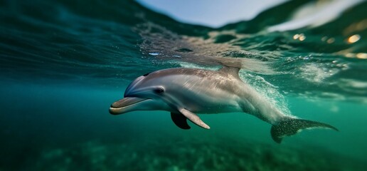 Obraz premium Graceful Bottlenose Dolphin Gliding Through Shimmering Azure Underwater Realm