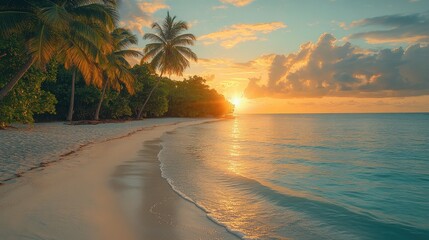 Serene tropical beach at sunset with palm trees, gentle waves, and vibrant sky colors