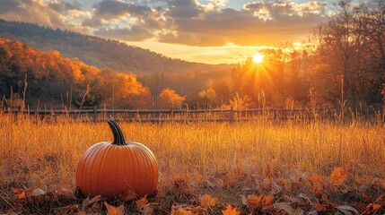 Vibrant autumn landscape featuring a pumpkin in a sunlit field with colorful foliage