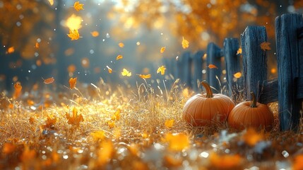 Autumn scene with pumpkins in a field surrounded by falling leaves and a rustic fence