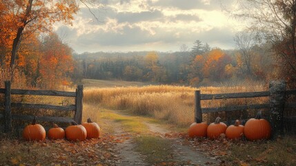 Scenic autumn landscape with pumpkins at a rustic gate leading to a vibrant field