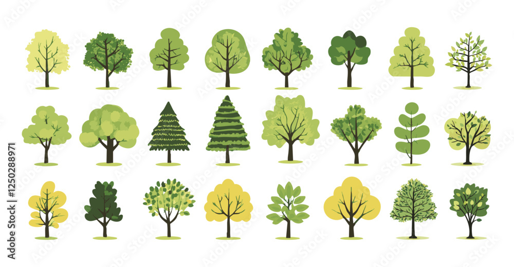 Wall mural set of tree and leaf collection hand drawn flat design vector element. botanical set of bare trees a