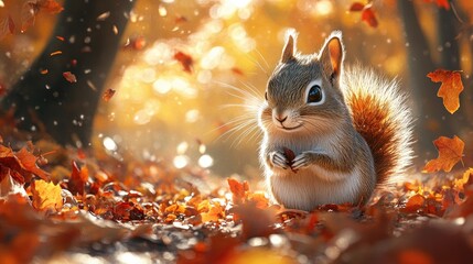 A playful squirrel holding an acorn amidst vibrant autumn leaves in a serene forest