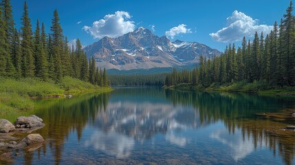 Serene mountain landscape with a reflective lake, surrounded by lush forests and blue skies
